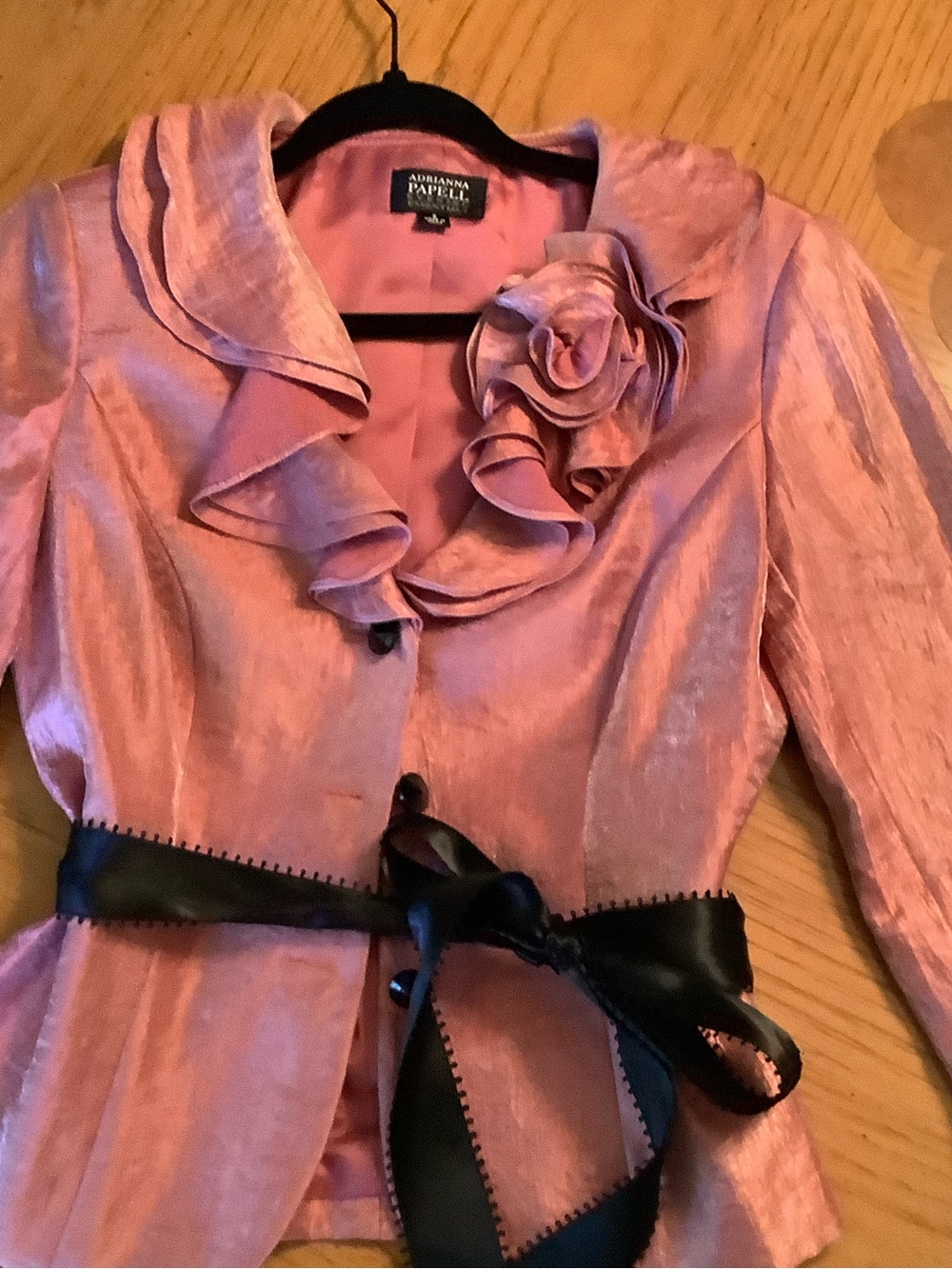 Adrianna Papell Rose Pink Satin Ruffle Jacket with Black Ribbon